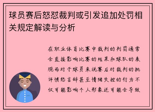 球员赛后怒怼裁判或引发追加处罚相关规定解读与分析 球员赛后怒怼裁判或引发追加处罚相关规定解读与分析
