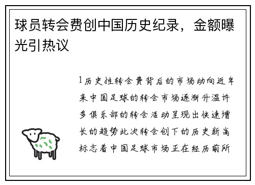 球员转会费创中国历史纪录，金额曝光引热议