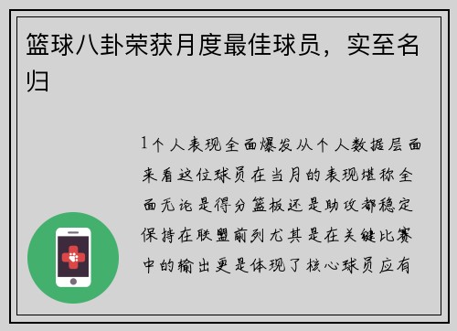 篮球八卦荣获月度最佳球员，实至名归