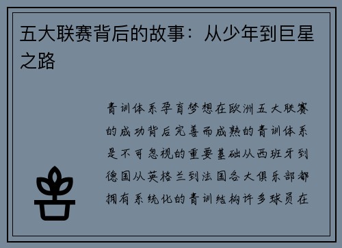 五大联赛背后的故事：从少年到巨星之路